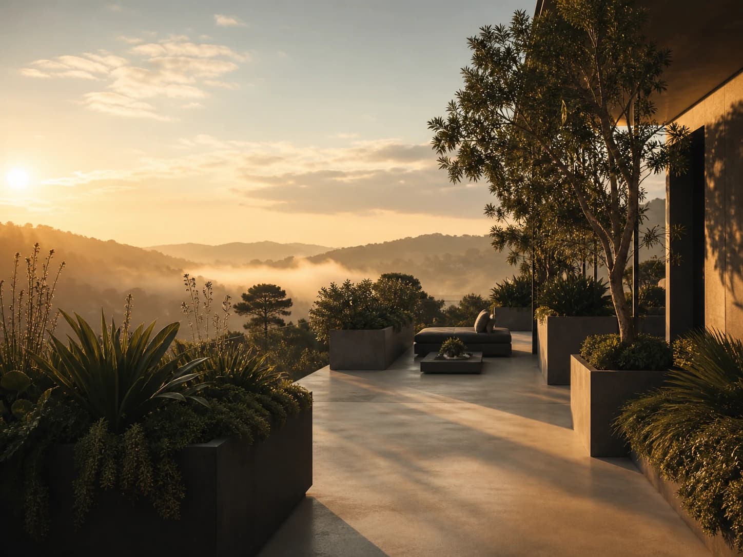 Geometric planters on a terrace with lush greenery