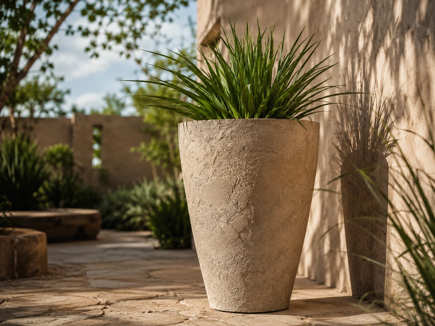 LEAFO planter in textured mineral finish with plant in a courtyard